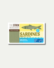 Load image into Gallery viewer, Packaging of sardines from The Stock Merchant Provisions on a light gray background
